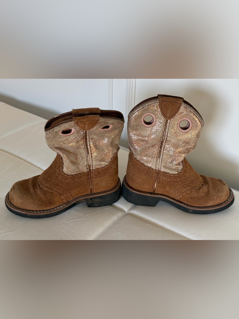 Ariat Girls Glitter Western Cowboy Boots Brown Suede Rose Gold Size 9 Toddler